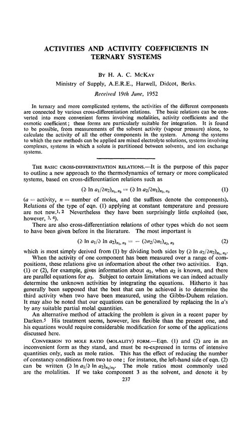 Activities and activity coefficients in ternary systems