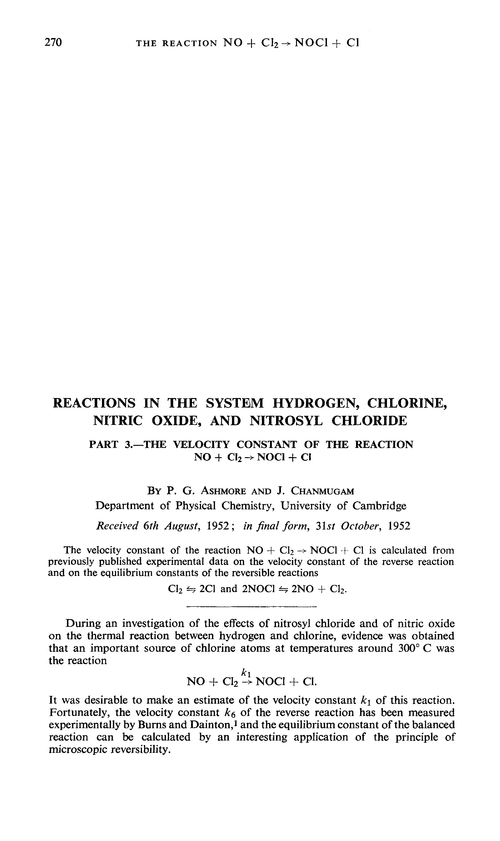 Reactions in the system hydrogen, chlorine, nitric oxide, and nitrosyl chloride. Part 3.—The velocity constant of the reaction NO + Cl2→ NOCl + Cl