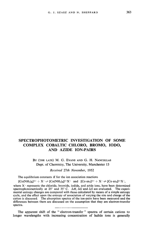 Spectrophotometric investigation of some complex cobaltic chloro, bromo, iodo, and azide ion-pairs