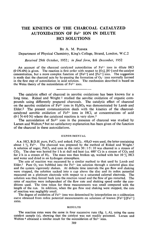 The kinetics of the charcoal catalyzed autoxidation of Fe2+ ion in dilute HCl solutions