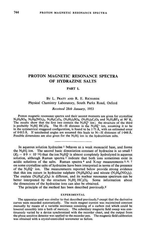 Proton magnetic resonance spectra of hydrazine salts. Part 1