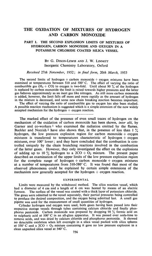 The oxidation of mixtures of hydrogen and carbon monoxide. Part 1. The second explosion limits of mixtures of hydrogen, carbon monoxide and oxygen in a potassium chloride coated silica vessel