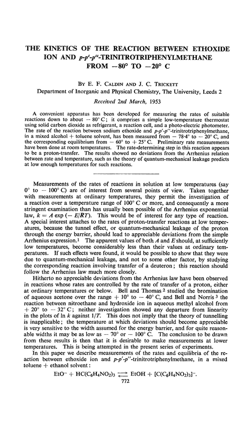 The kinetics of the reaction between ethoxide ion and p-p′-p″-trinitrotriphenylmethane from –80° to –20° C