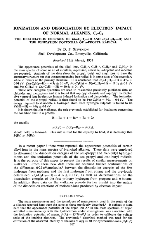 Ionization and dissociation by electron impact of normal alkanes, C4-C8. The dissociation energies of D(n-C3H7—H) and D(n-C4H9—H) and the ionization potential of n-propyl radical