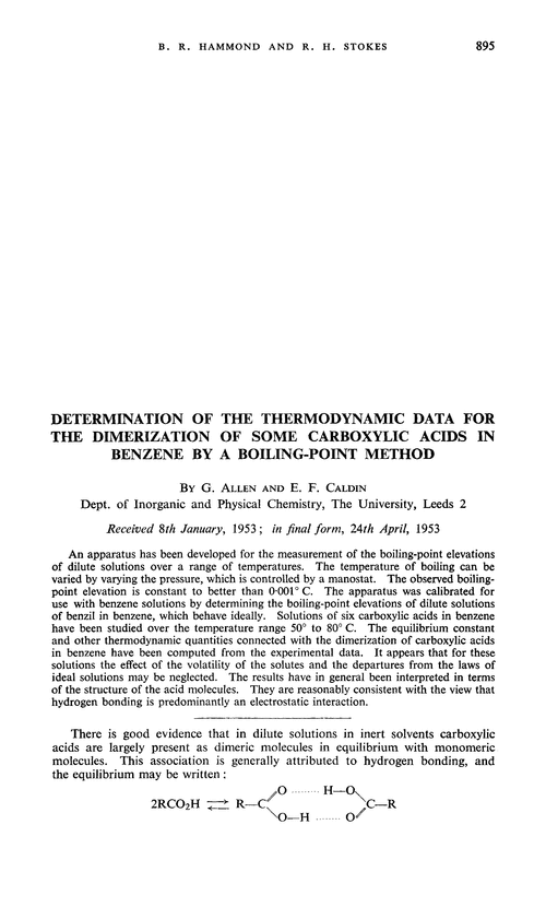 Determination of the thermodynamic data for the dimerization of some carboxylic acids in benzene by a boiling-point method