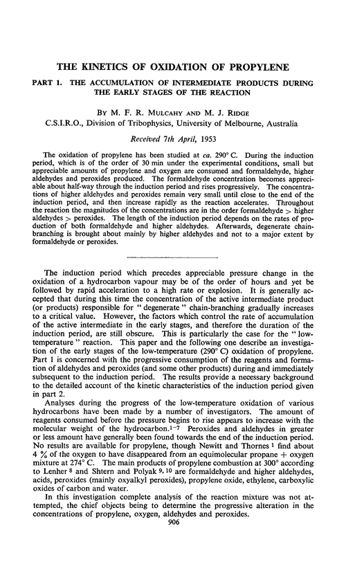 The kinetics of oxidation of propylene. Part 1. The accumulation of intermediate products during the early stages of the reaction