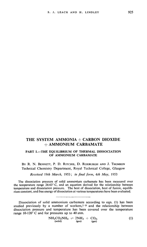 The system ammonia + carbon dioxide + ammonium carbamate. Part I.—The equilibrium of thermal dissociation of ammonium carbamate