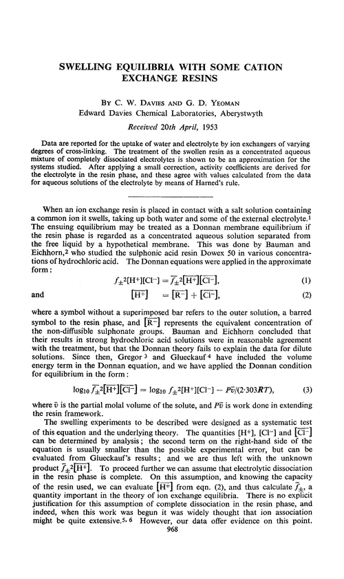 Swelling equilibria with some cation exchange resins