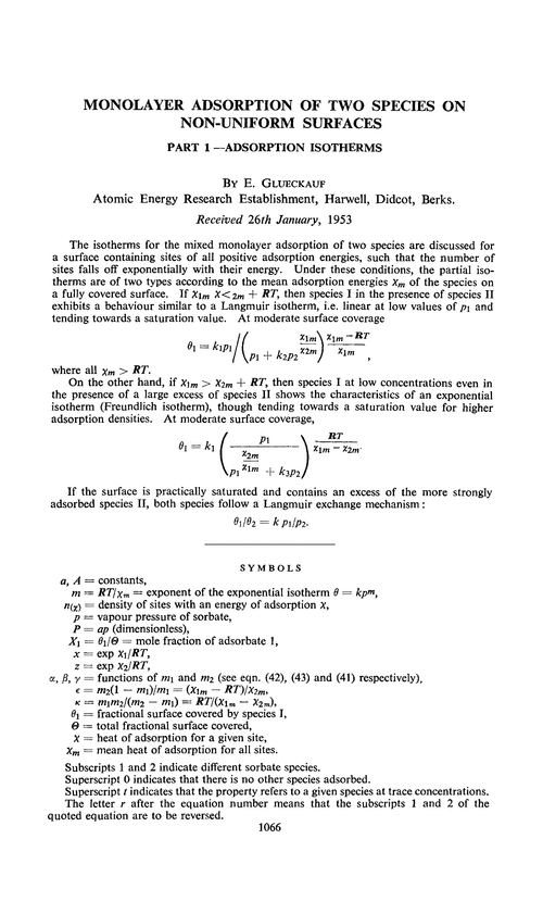 Monolayer adsorption of two species on non-uniform surfaces. Part 1—Adsorption isotherms