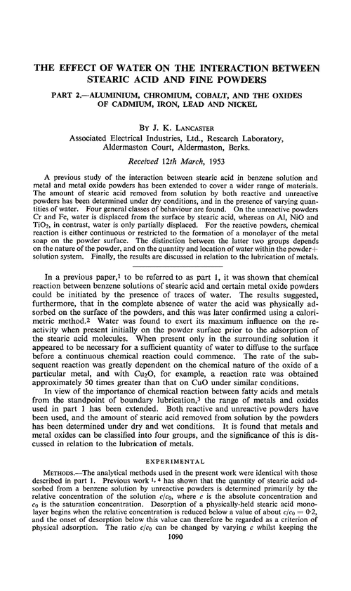 The effect of water on the interaction between stearic acid and fine powders. Part 2.—Aluminium, chromium, cobalt, and the oxides of cadmium, iron, lead and nickel