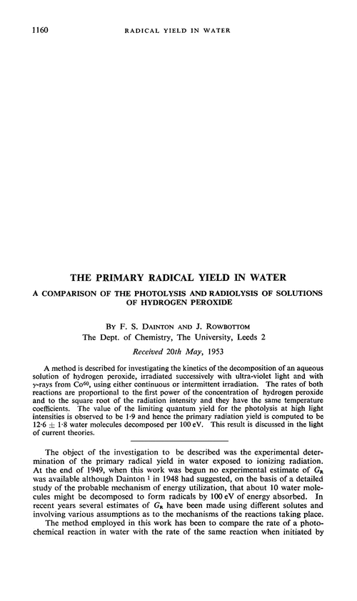 The primary radical yield in water. A comparison of the photolysis and radiolysis of solutions of hydrogen peroxide