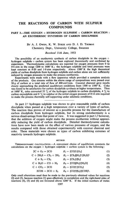 The reactions of carbon with sulphur compounds. Part 3.—The oxygen + hydrogen sulphide + carbon reaction: an exothermic synthesis of carbon disulphide