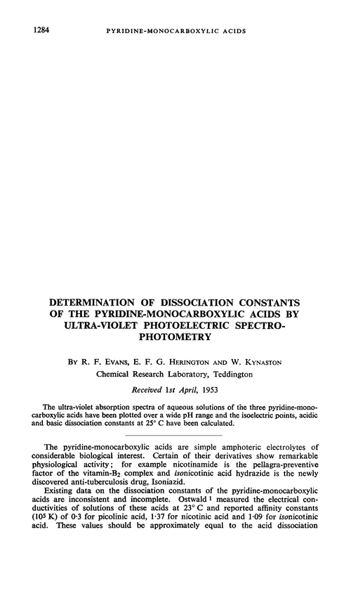 Determination of dissociation constants of the pyridine-monocarboxylic acids by ultra-violet photoelectric spectrophotometry
