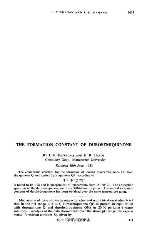 The formation constant of durosemiquinone