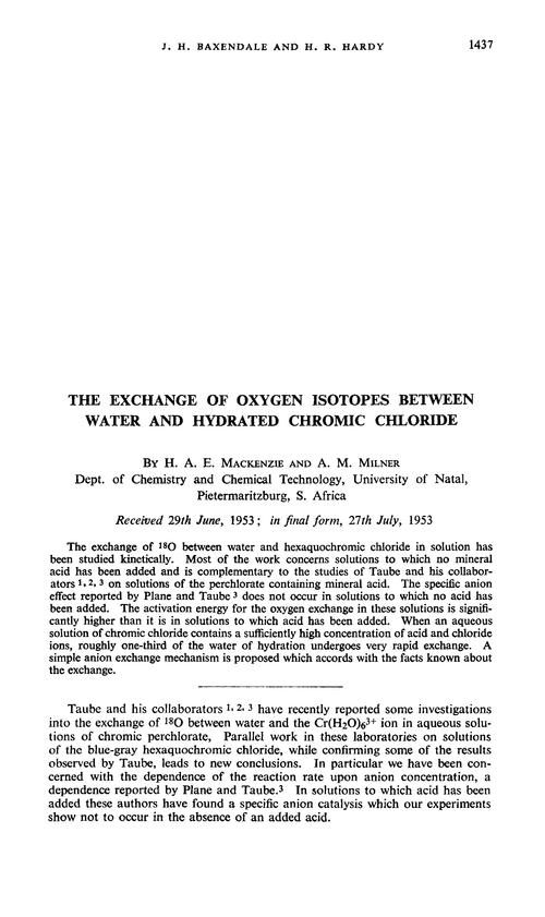 The exchange of oxygen isotopes between water and hydrated chromic chloride