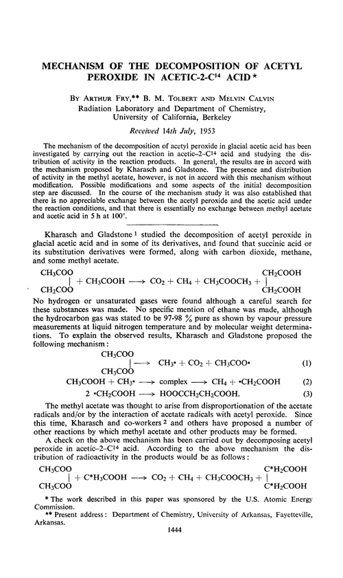 Mechanism of the decomposition of acetyl peroxide in acetic-2-C14 acid