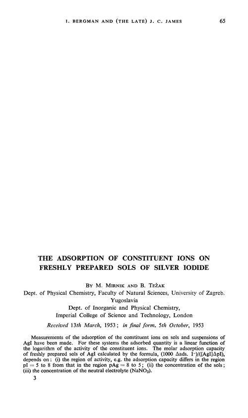 The adsorption of constituent ions on freshly prepared sols of silver iodide