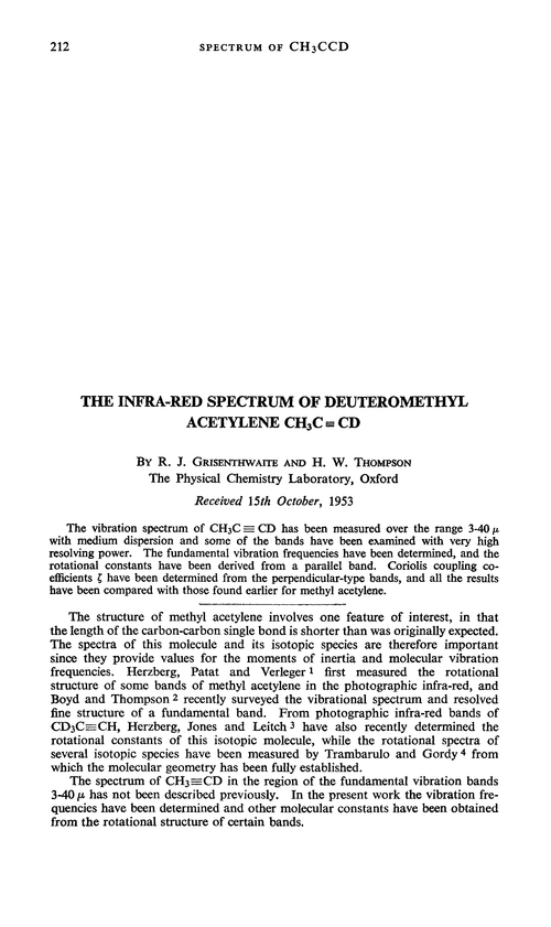 The infra-red spectrum of deuteromethyl acetylene CH3C [[triple bond, length half m-dash]] CD