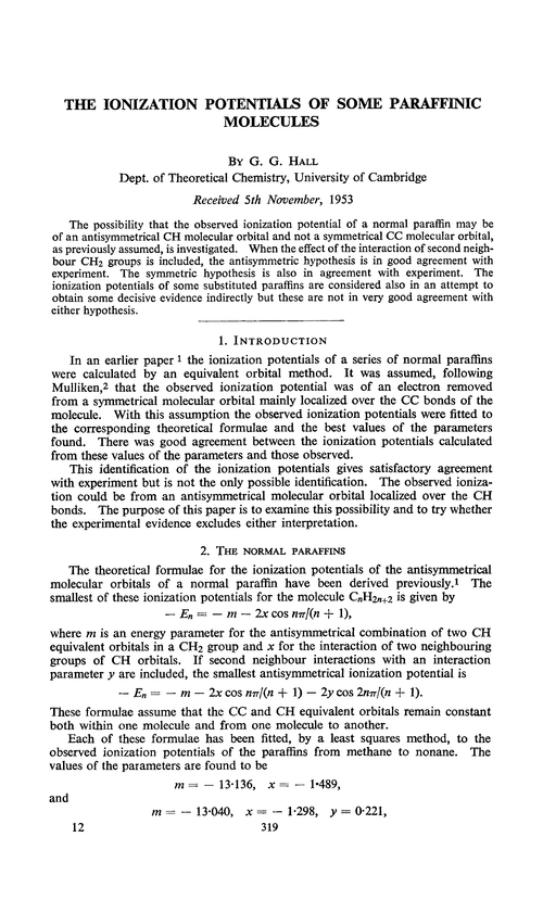 The ionization potentials of some paraffinic molecules