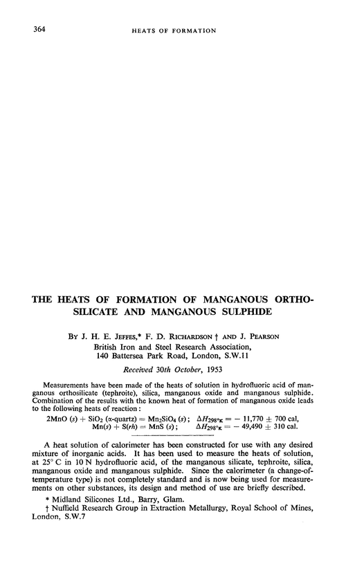 The heats of formation of manganous orthosilicate and manganous sulphide