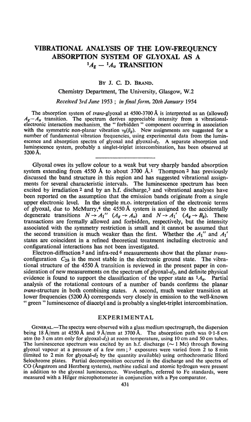 Vibrational analysis of the low-frequency absorption system of glyoxal as a 1A—1A transition