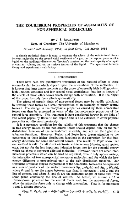 The equilibrium properties of assemblies of non-spherical molecules