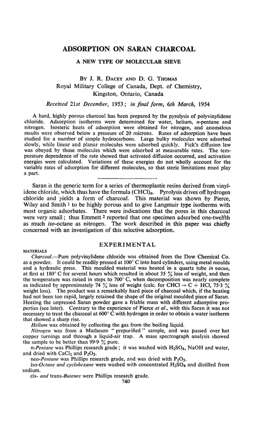 Adsorption on Saran charcoal. A new type of molecular sieve