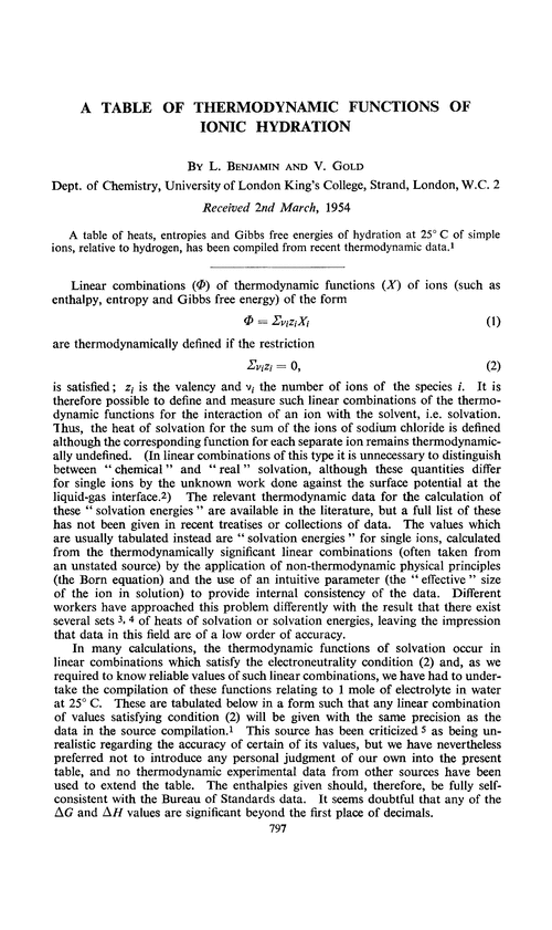 A table of thermodynamic functions of ionic hydration