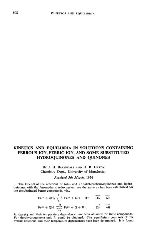 Kinetics and equilibria in solutions containing ferrous ion, ferric ion, and some substituted hydroquinones and quinones