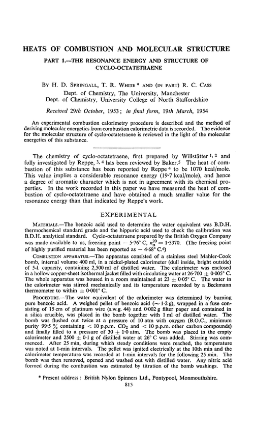 Heats of combustion and molecular structure. Part 1.—The resonance energy and structure of cyclo-octatetraene
