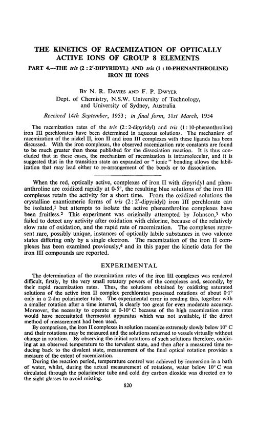 The kinetics of racemization of optically active ions of group 8 elements. Part 4.—The tris(2 : 2′-dipyridyl) and tris(1 : 10-phenanthroline) iron III ions