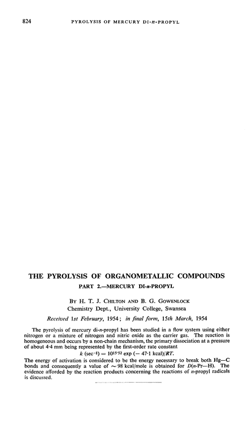 The pyrolysis of organometallic compounds. Part 2.—Mercury di-n-propyl