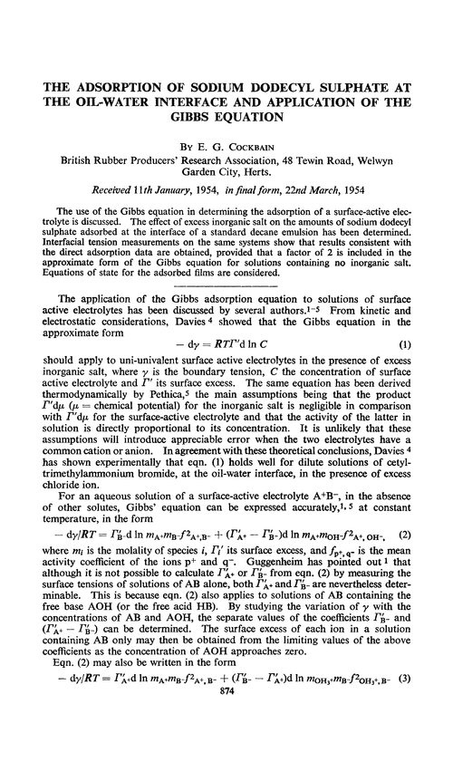 The adsorption of sodium dodecyl sulphate at the oil-water interface and application of the Gibbs equation