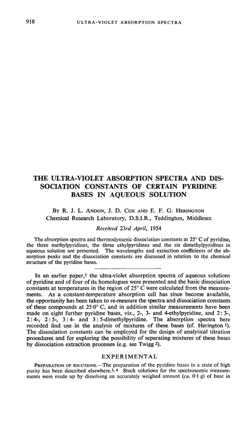 The ultra-violet absorption spectra and dissociation constants of certain pyridine bases in aqueous solution