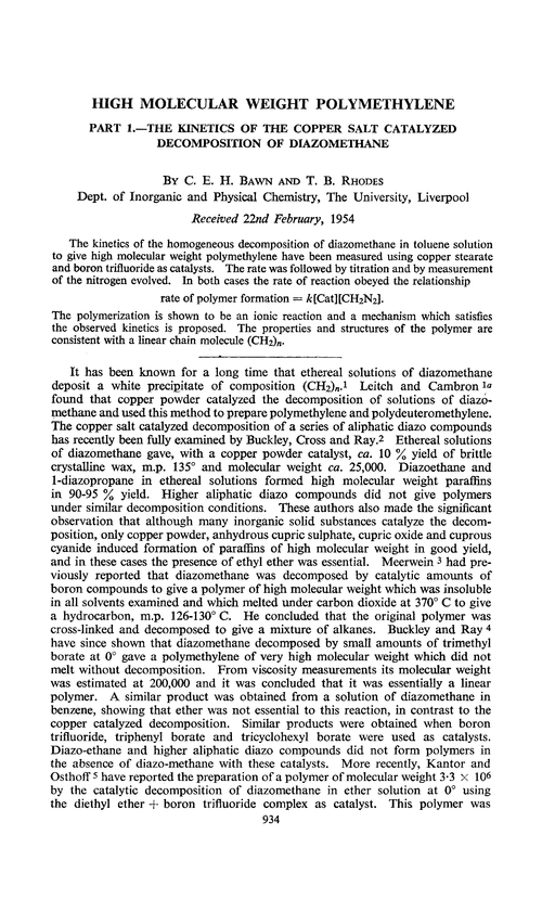 High molecular weight polymethylene. Part 1.—The kinetics of the copper salt catalyzed decomposition of diazomethane