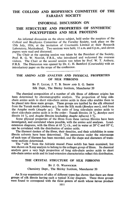 The Colloid and Biophysics Committee of the Faraday Society. Informal discussion on the structure and properties of synthetic polypeptides and silk proteins