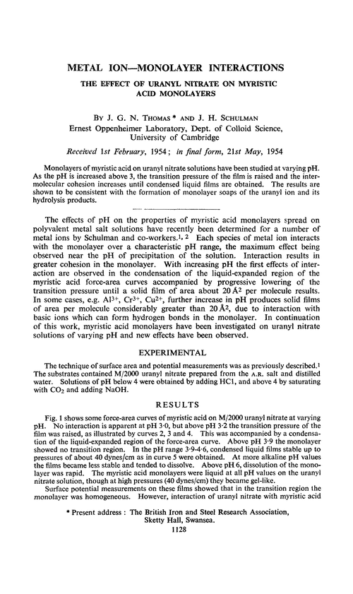 Metal ion—monolayer interactions. The effect of uranyl nitrate on myristic acid monolayers