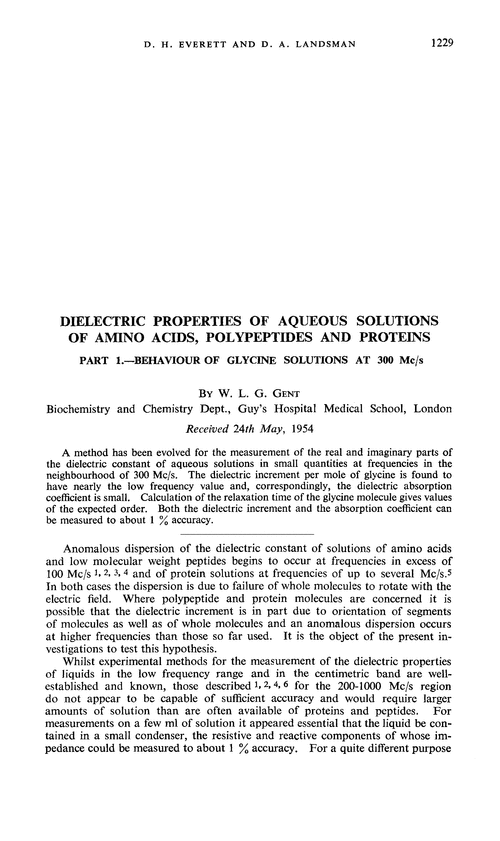 Dielectric properties of aqueous solutions of amino acids, polypeptides and proteins. Part 1.—Behaviour of glycine solutions at 300 Mc/s