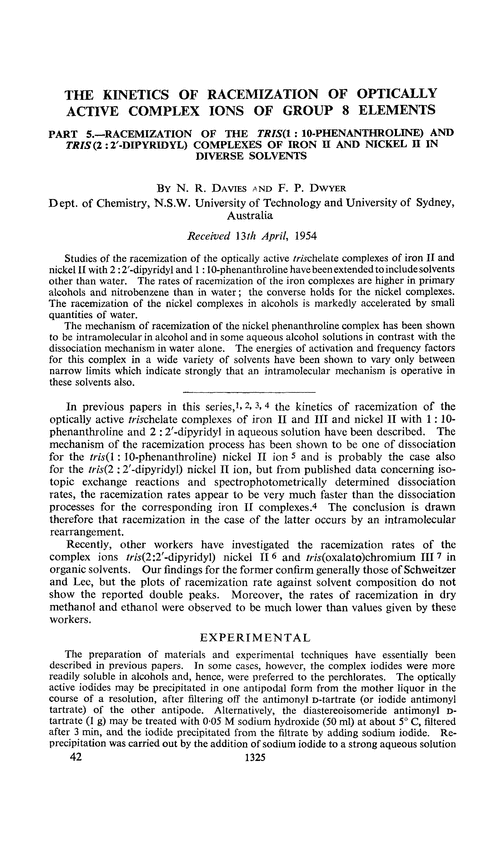 The kinetics of racemization of optically active complex ions of group 8 elements. Part 5.—Racemization of the tris(1 : 10-phenanthroline) and tris(2 : 2′-dipyridyl) complexes of iron II and nickel II in diverse solvents