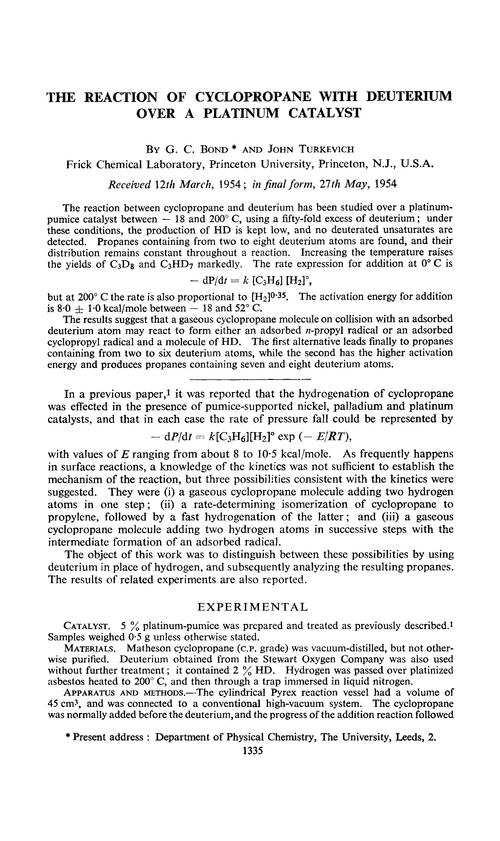 The reaction of cyclopropane with deuterium over a platinum catalyst