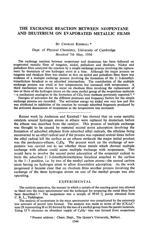 The exchange reaction between neopentane and deuterium on evaporated metallic films