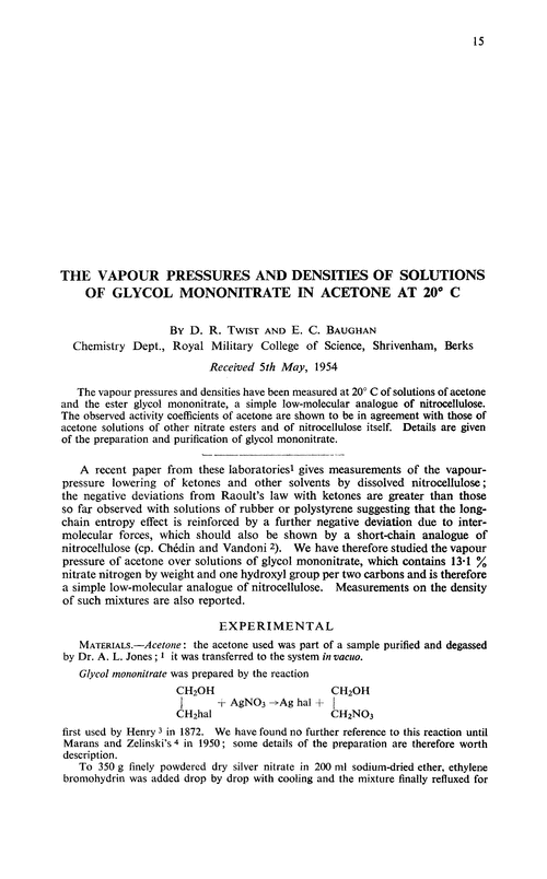 The vapour pressures and densities of solutions of glycol mononitrate in acetone at 20° C