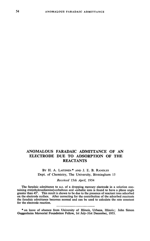 Anomalous faradaic admittance of an electrode due to adsorption of the reactants