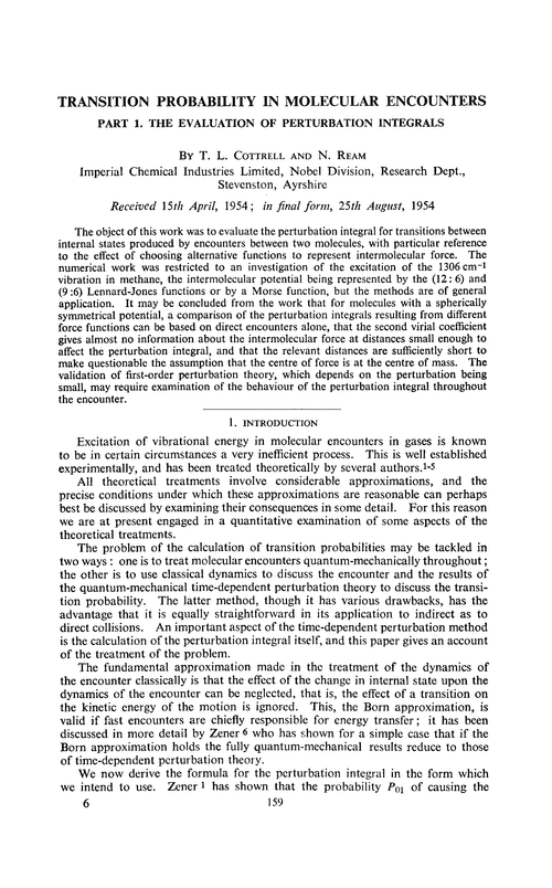 Transition probability in molecular encounters. Part 1. The evaluation of perturbation integrals