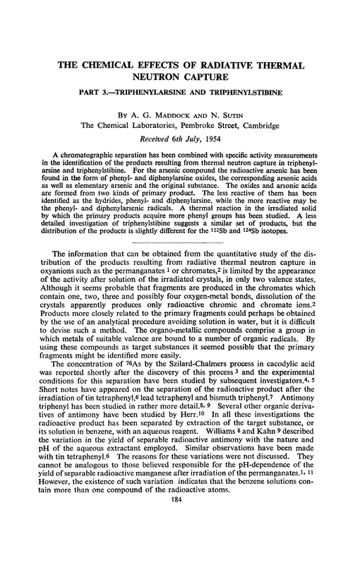 The chemical effects of radiative thermal neutron capture. Part 3.—Triphenylarsine and triphenylstibine