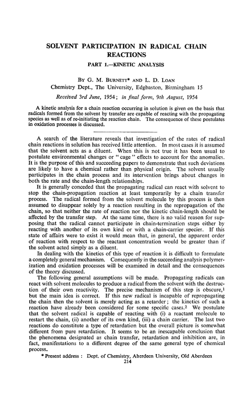 Solvent participation in radical chain reactions. Part 1.—Kinetic analysis