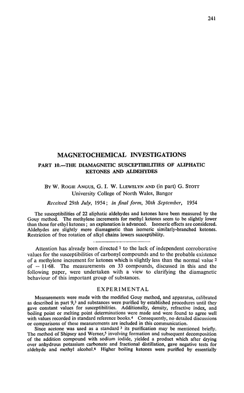 Magnetochemical investigations. Part 10.—The diamagnetic susceptibilities of aliphatic ketones and aldehydes