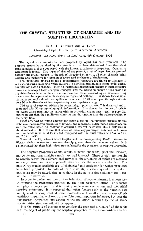 The crystal structure of chabazite and its sorptive properties