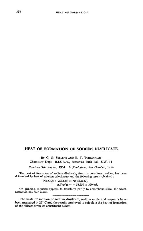 Heat of formation of sodium di-silicate