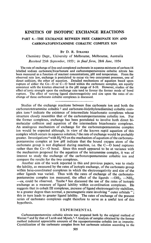 Kinetics of isotopic exchange reactions. Part 4.—The exchange between free carbonate ion and carbonatopentammine cobaltic complex ion